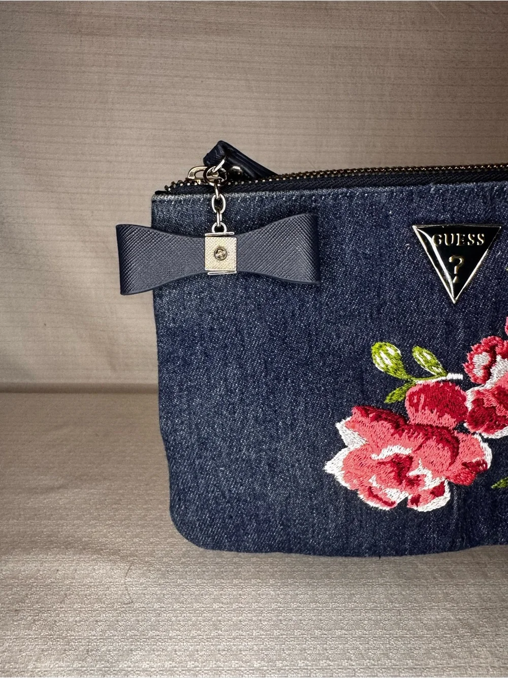 GUESS Denim Clutch with Rose embroidered